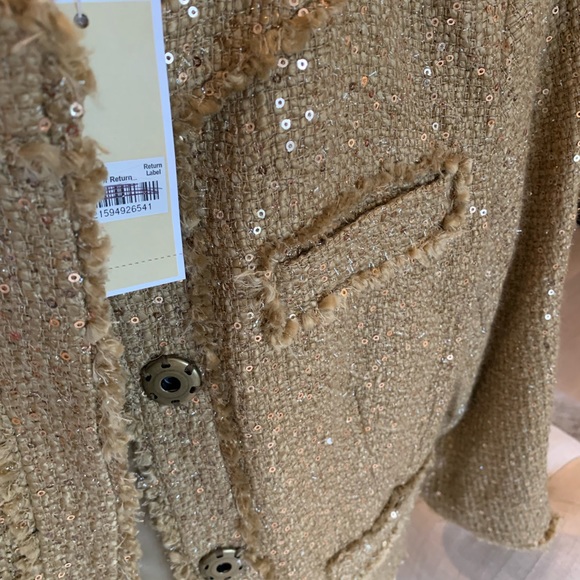 NWT Michael Kors Sequin Gold Tan Camel Fringe Trim Chic Jacket Size 4 MSRP $198 - Picture 6 of 12